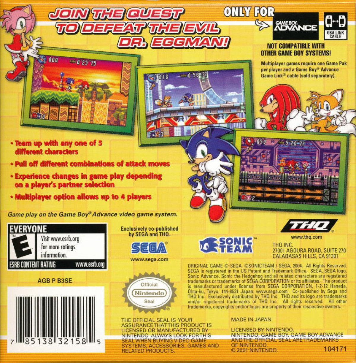 Sonic Advance 3 for Game Boy Advance (GBA), back of case for a retro video game featuring fast-paced platforming gameplay, side-scrolling action, multiplayer co-op, collectible rings, and iconic character-based adventures