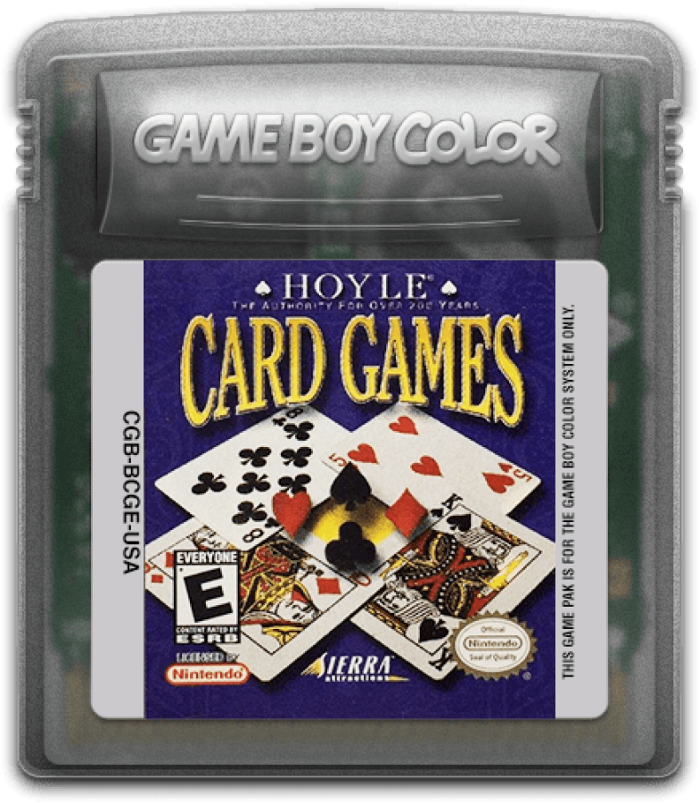 Hoyle Card Games for Game Boy Color, cartridge for a card and casino video game with classic card game collections, tabletop gameplay, solo play, and portable strategy fun