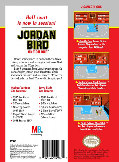 Jordan vs Bird One on One Nintendo Entertainment System NES video game featuring basketball gameplay Michael Jordan Larry Bird one on one matches shooting challenges dunking competitions free throw contests and classic 8 bit Nintendo sports gameplay retro video game collection collectible gaming appeal back cover art