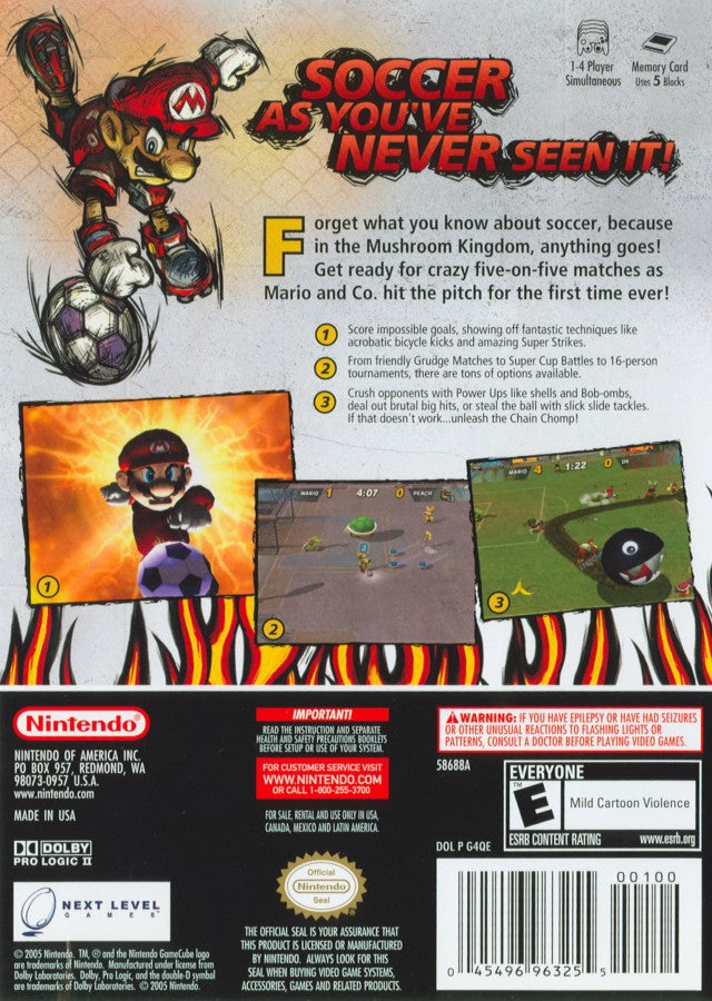 Super Mario Strikers back cover art for GameCube game featuring fast-paced arcade soccer gameplay with classic Nintendo characters