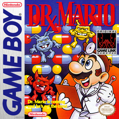 Game Boy cartridge cover of 'Dr. Mario' featuring colorful characters and text.