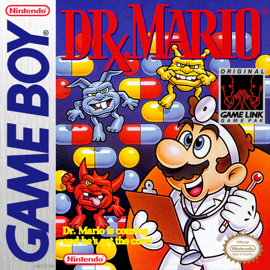 Game Boy cartridge cover of 'Dr. Mario' featuring colorful characters and text.