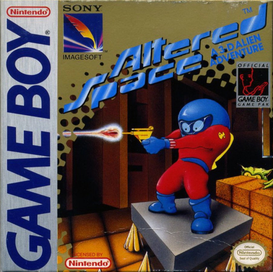 Altered Space Nintendo Game Boy GB for sci fi action platformer retro video game fans featuring alien worlds futuristic environments side scrolling gameplay challenging platforming arcade style action exploration intense combat collectible gaming appeal front cover art