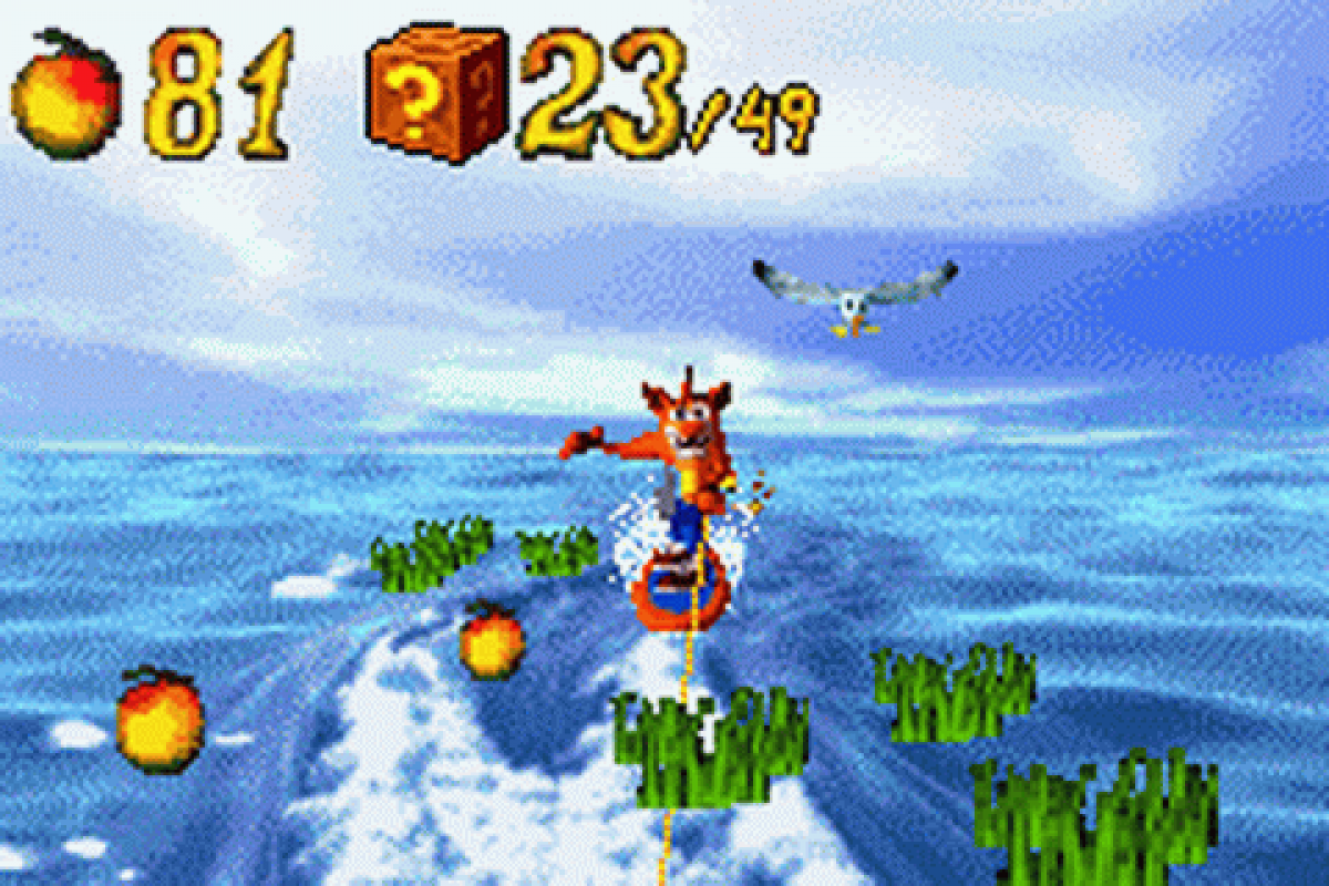 Crash Bandicoot N-Tranced game for the Game Boy Advance featuring side scrolling platformer gameplay with classic Crash mechanics including jumping spinning and crate breaking along with boss battles and levels involving mind control themed challenges gameplay