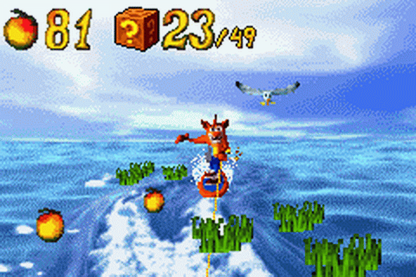 Crash Bandicoot N-Tranced game for the Game Boy Advance featuring side scrolling platformer gameplay with classic Crash mechanics including jumping spinning and crate breaking along with boss battles and levels involving mind control themed challenges gameplay