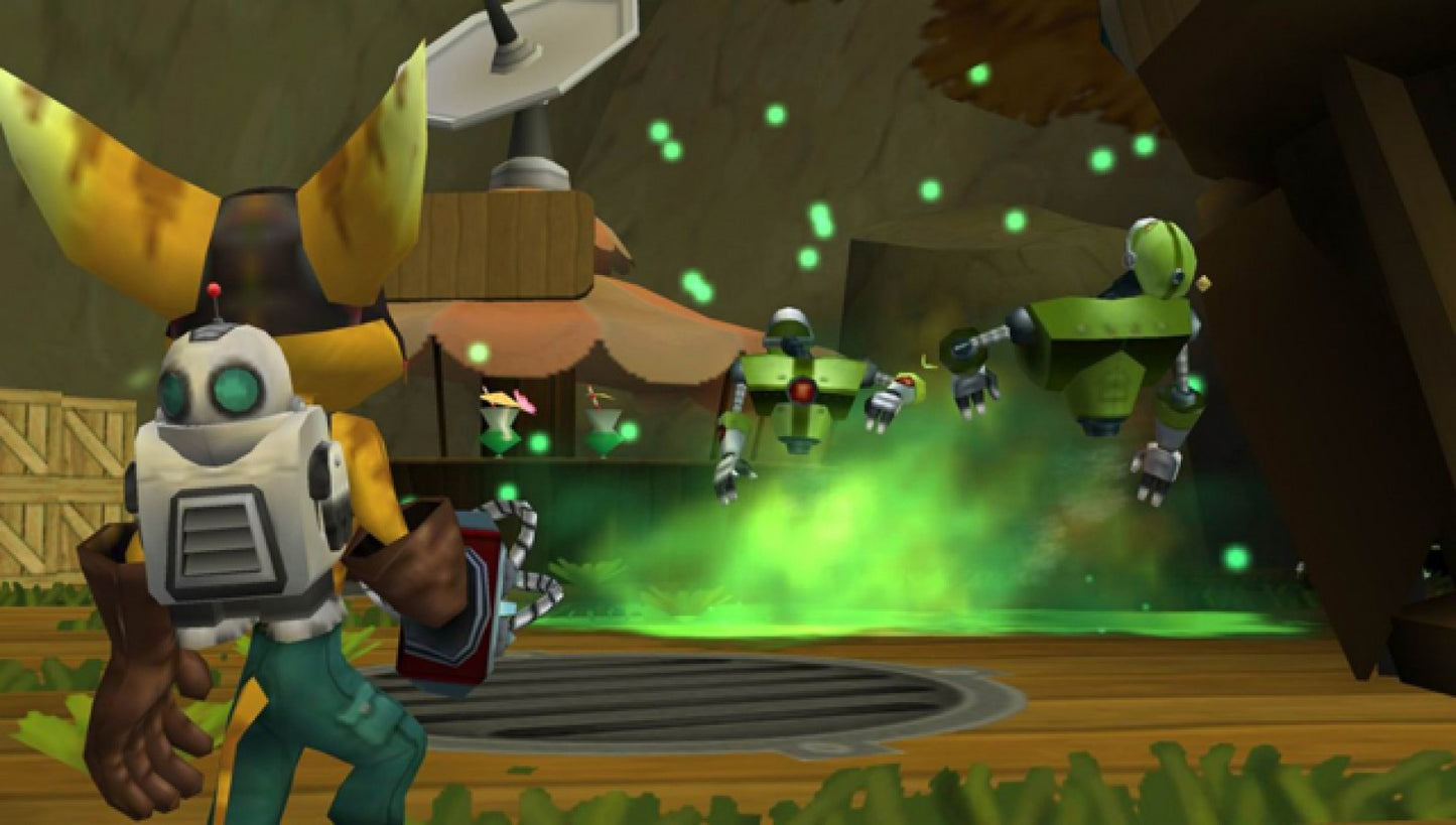 Ratchet & Clank Size Matters Greatest Hits for PlayStation Portable, gameplay for an action platformer video game with third-person shooting, gadget-based gameplay, mission-based progression, and sci-fi adventure