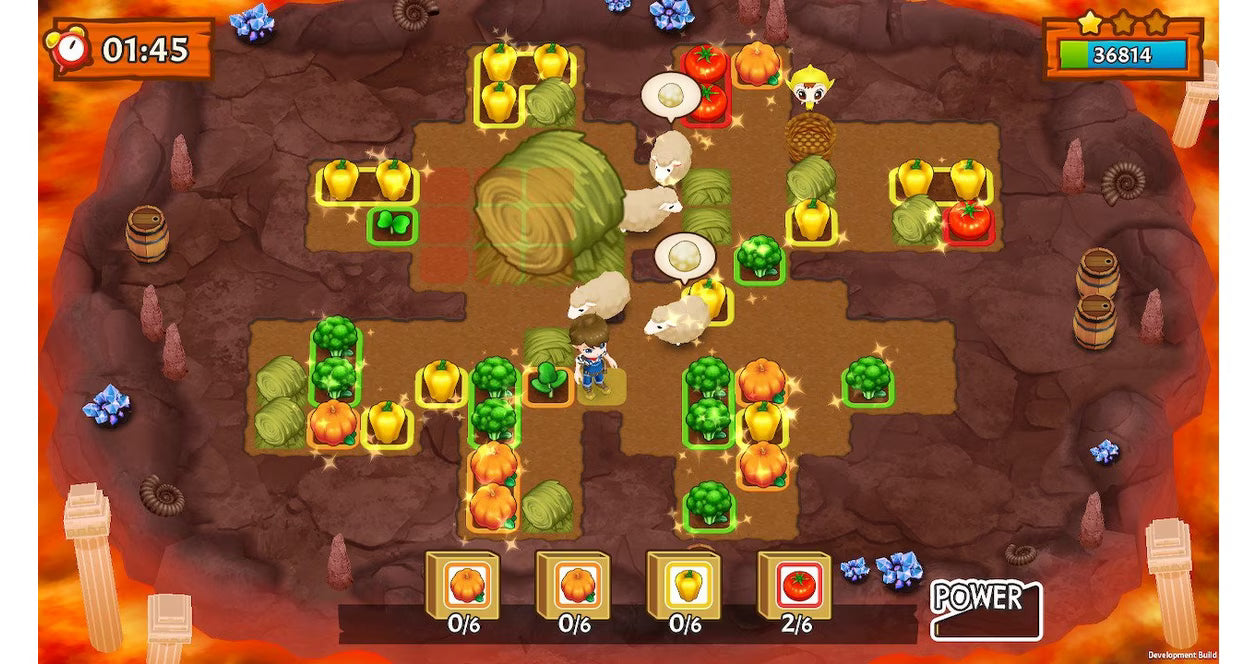 Harvest Moon: Mad Dash for PlayStation 4 (PS4) featuring a fast-paced, arcade-style farming puzzle game where you must harvest, fish, and milk cows under pressure; navigate chaotic levels solo or with friends in local co-op as you race to restore a broken lighthouse in this frantic spin-off of the classic simulation series gameplay screenshot