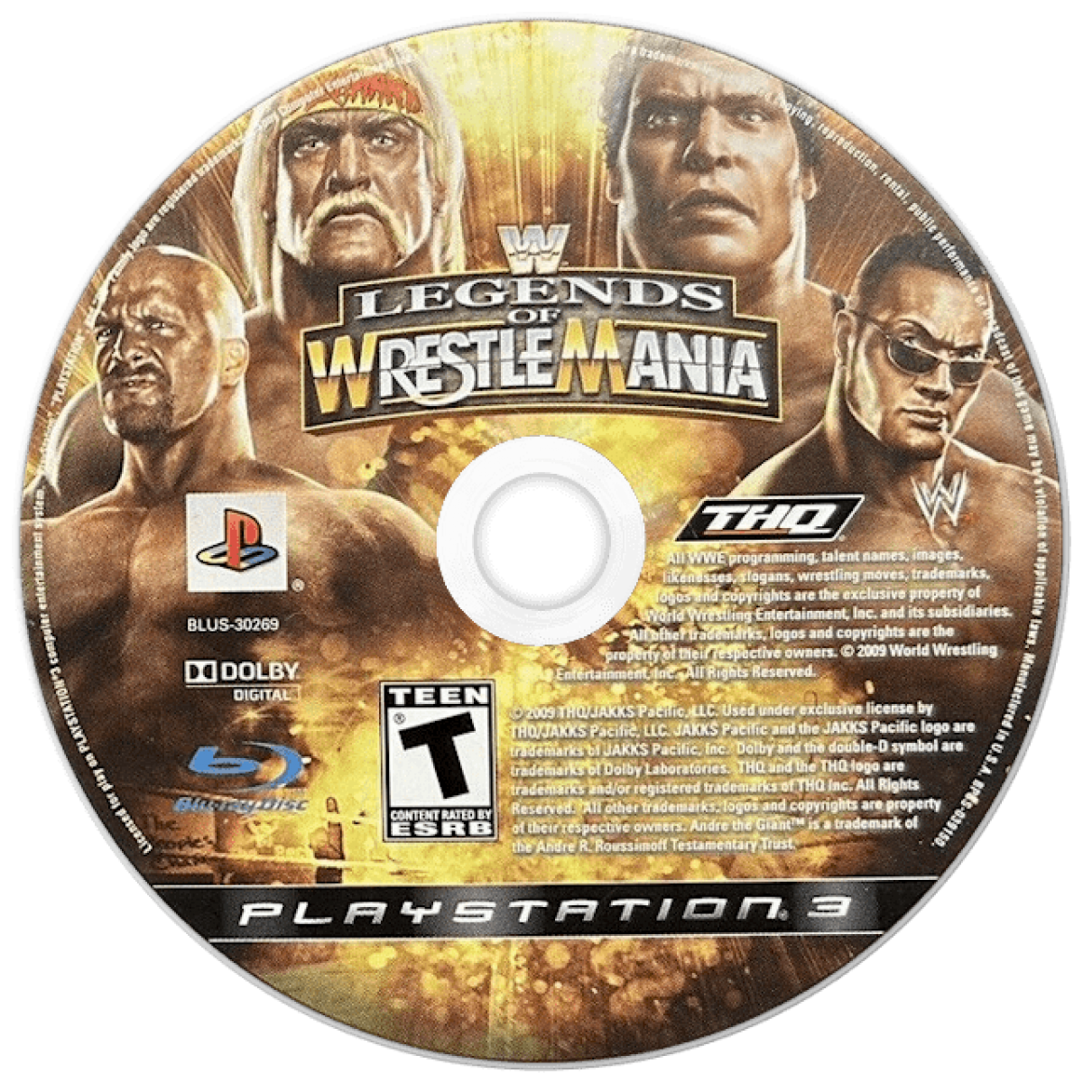 WWE Legends of WrestleMania PlayStation 3 PS3 for wrestling video game fans featuring legendary WWE superstars classic matches arcade style gameplay iconic finishing moves exhibition and tournament modes nostalgic sports entertainment collectible gaming appeal  disc
