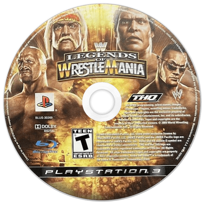 WWE Legends of WrestleMania PlayStation 3 PS3 for wrestling video game fans featuring legendary WWE superstars classic matches arcade style gameplay iconic finishing moves exhibition and tournament modes nostalgic sports entertainment collectible gaming appeal  disc