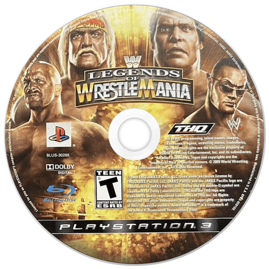 WWE Legends of WrestleMania PlayStation 3 PS3 for wrestling video game fans featuring legendary WWE superstars classic matches arcade style gameplay iconic finishing moves exhibition and tournament modes nostalgic sports entertainment collectible gaming appeal  disc