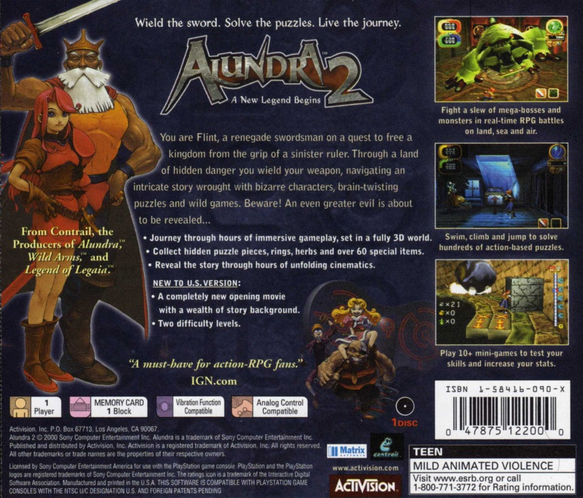 Alundra 2 retro fantasy action adventure RPG game for PlayStation 1 (PS1) back of case