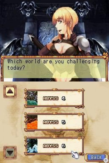 From the Abyss for the Nintendo DS featuring turn based RPG gameplay with dungeon exploration character progression and strategic battles in a fantasy adventure setting gameplay