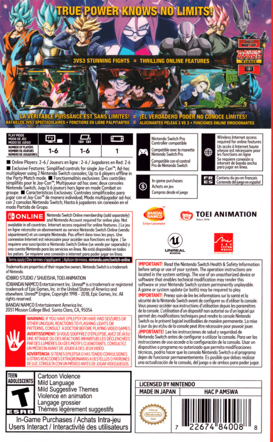 Dragon Ball FighterZ back of box for Nintendo Switch NS video game