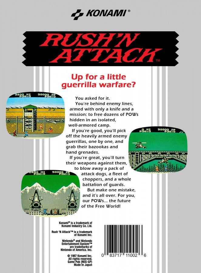 Rush'n Attack Complete in Box CIB Nintendo Entertainment System NES for retro video game enthusiasts featuring side scrolling action gameplay military commando missions fast paced combat challenging enemy soldiers cooperative style arcade action complete in box collectible gaming appeal back cover