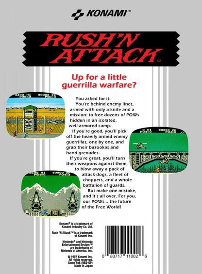 Rush'n Attack Complete in Box CIB Nintendo Entertainment System NES for retro video game enthusiasts featuring side scrolling action gameplay military commando missions fast paced combat challenging enemy soldiers cooperative style arcade action complete in box collectible gaming appeal back cover