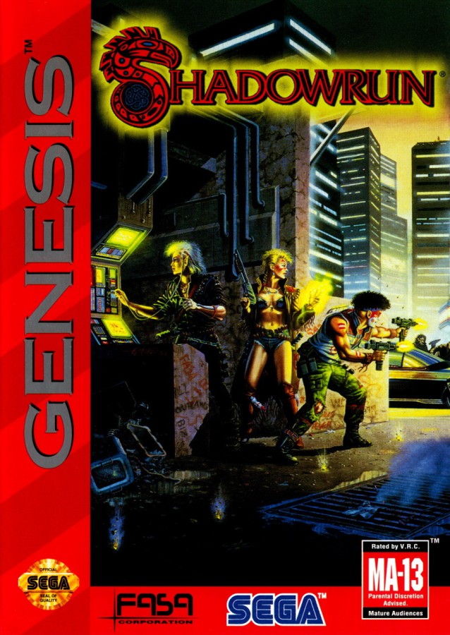Shadowrun Sega Genesis GEN for retro video game enthusiasts featuring action role playing gameplay cyberpunk fantasy setting real time combat character progression futuristic exploration hacking missions and collectible gaming appeal cover art 