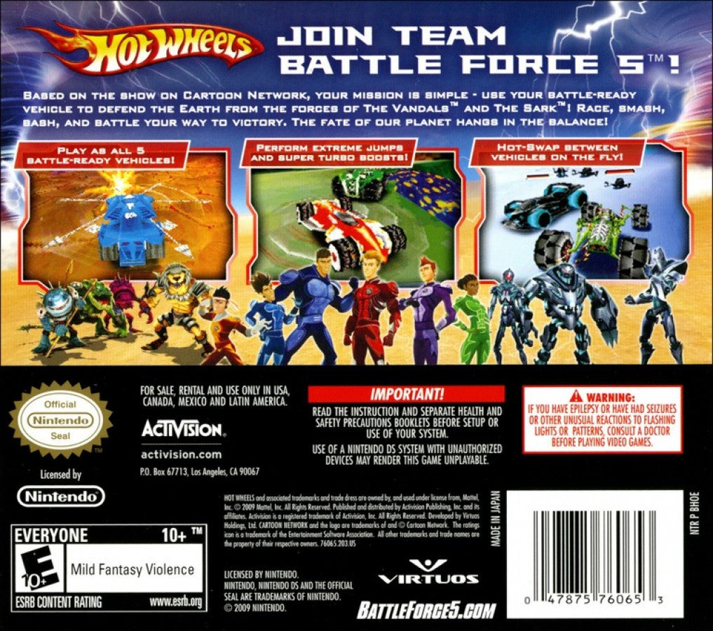 Hot Wheels: Battle Force 5 back of case for Nintendo DS (DS) vehicular combat racing video game