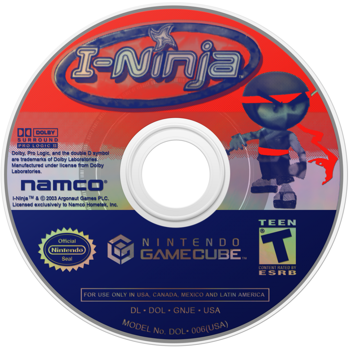 I-Ninja GameCube GC video game, action platformer, stealth and combat gameplay, cartoon-style adventure, multiplayer, Nintendo GameCube title disc art 