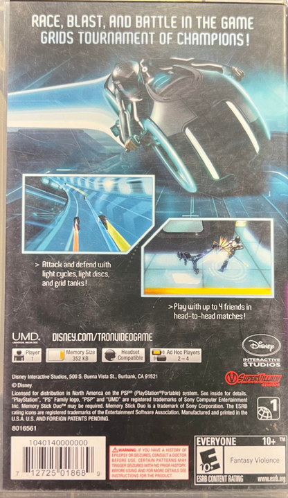  Tron Evolution PlayStation Portable PSP for action adventure video game fans featuring futuristic sci fi combat digital world exploration disc based battles parkour movement light cycle action cinematic Tron storyline multiplayer gameplay collectible gaming appeal back cover art