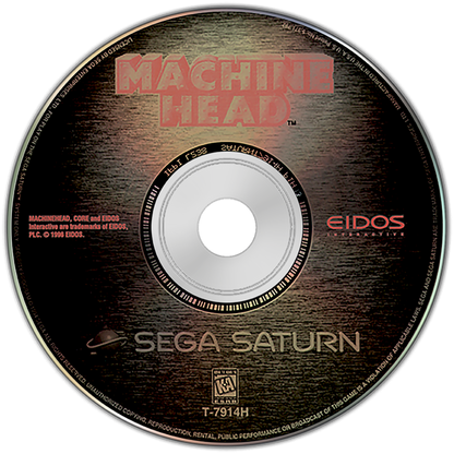 Machine Head Sega Saturn first person vehicle combat shooter hovercraft tank style gameplay sci fi futuristic battlegrounds fast paced arcade action missions weapon upgrades Psygnosis retro gaming Sega Saturn software video game title disc