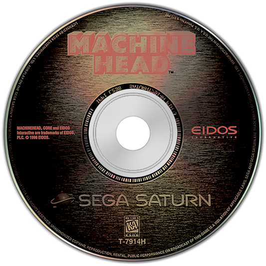 Machine Head Sega Saturn first person vehicle combat shooter hovercraft tank style gameplay sci fi futuristic battlegrounds fast paced arcade action missions weapon upgrades Psygnosis retro gaming Sega Saturn software video game title disc