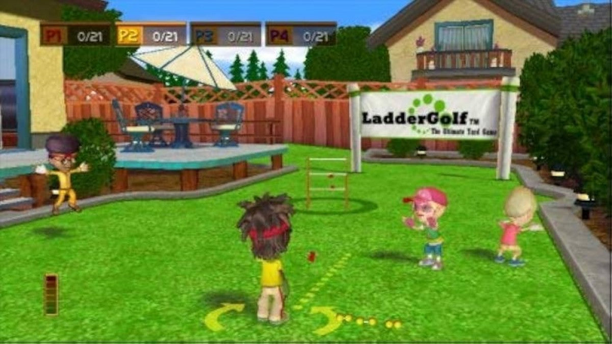 Neighborhood Games gameplay for Nintendo Wii (Wii) featuring casual motion‑controlled sports and mini‑games like basketball, football, and darts in a backyard setting.