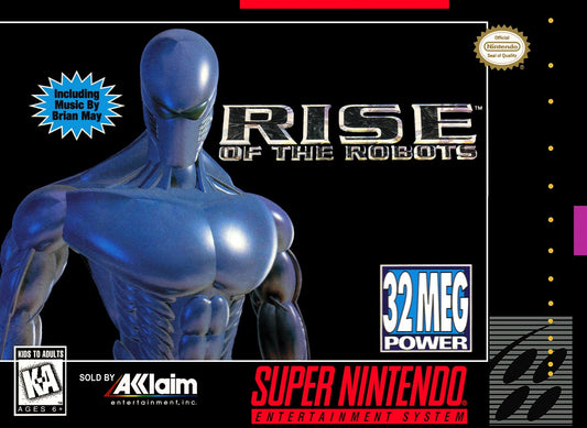 Rise of the Robots retro SNES video game Rise of the Robots sci fi fighting game robotic combat one on one battles futuristic action gameplay console title Super Nintendo release cover art
