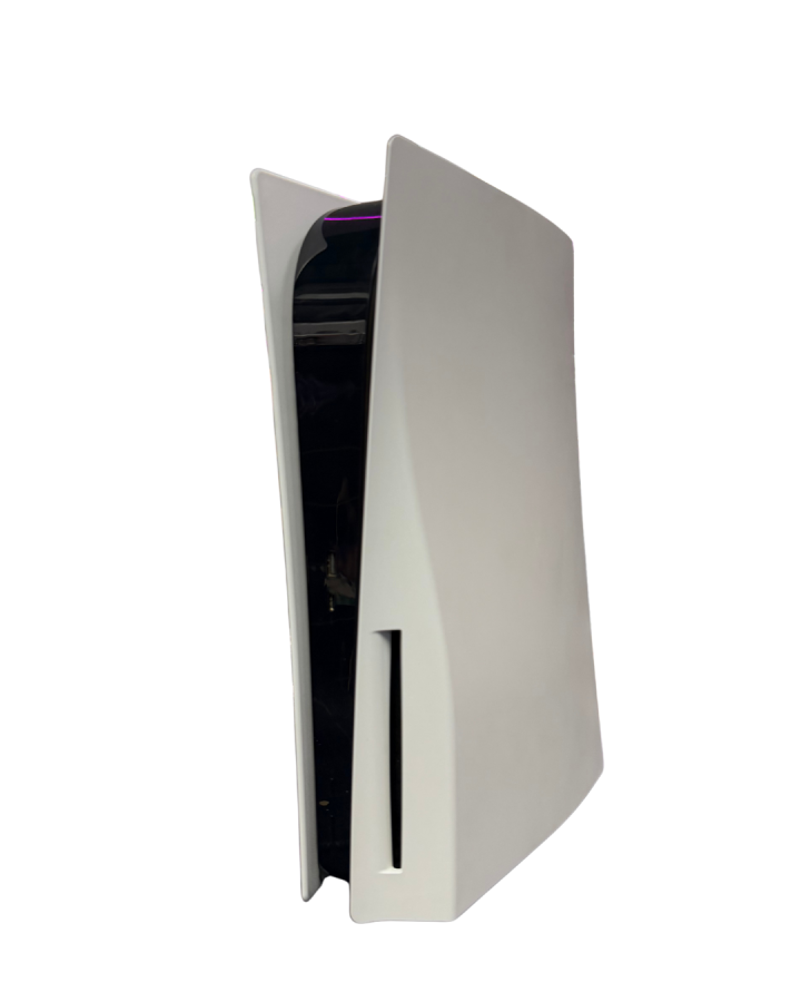 Front standing view of a Sony PS5 console in vertical orientation, showing the disc slot, power and eject buttons, and front-facing curved panels.