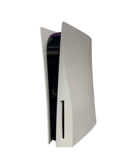 Front standing view of a Sony PS5 console in vertical orientation, showing the disc slot, power and eject buttons, and front-facing curved panels.