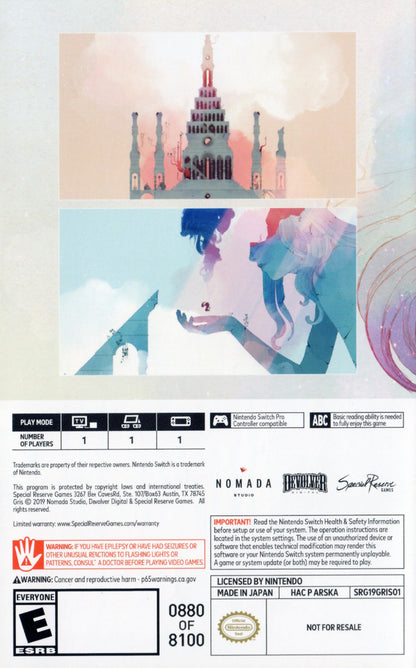 Gris Nintendo Switch game featuring artistic platforming adventure with emotional storytelling and watercolor visuals back cover