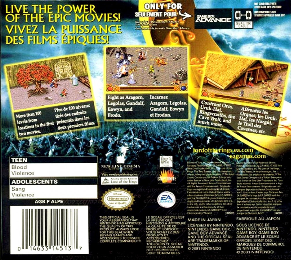 The Lord of the Rings The Two Towers for Game Boy Advance, back of case for a retro video game featuring action-adventure gameplay, hack-and-slash combat, character progression, and movie-inspired fantasy battles