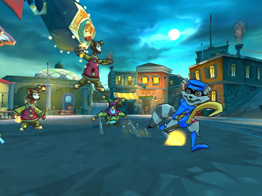 Sly 3: Honor Among Thieves [Greatest Hits] for PlayStation 2 (PS2) featuring the same globe trotting stealth platforming heist adventure with multiple playable Cooper Gang members and varied missions; includes the Greatest Hits re release branding for this complete team based caper on PS2 gameplay screenshot
