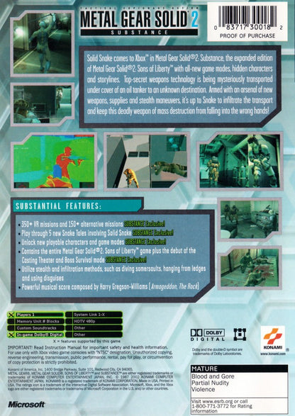 Metal Gear Solid 2: Substance retro Xbox video game Metal Gear Solid 2 Substance stealth action tactical espionage gameplay story driven infiltration third person stealth mechanics console title Xbox release back of case