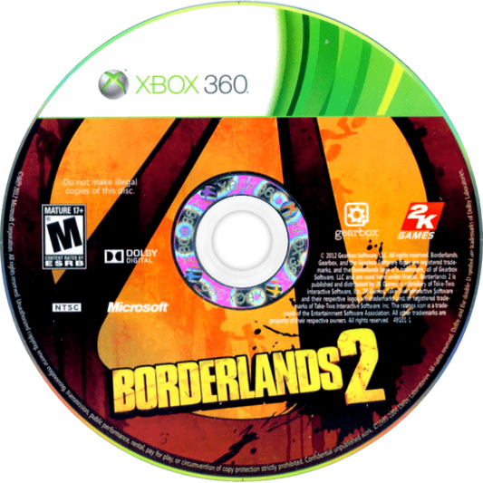 Borderlands 2 disc for Xbox 360 (X360) first-person shooter role-playing video game