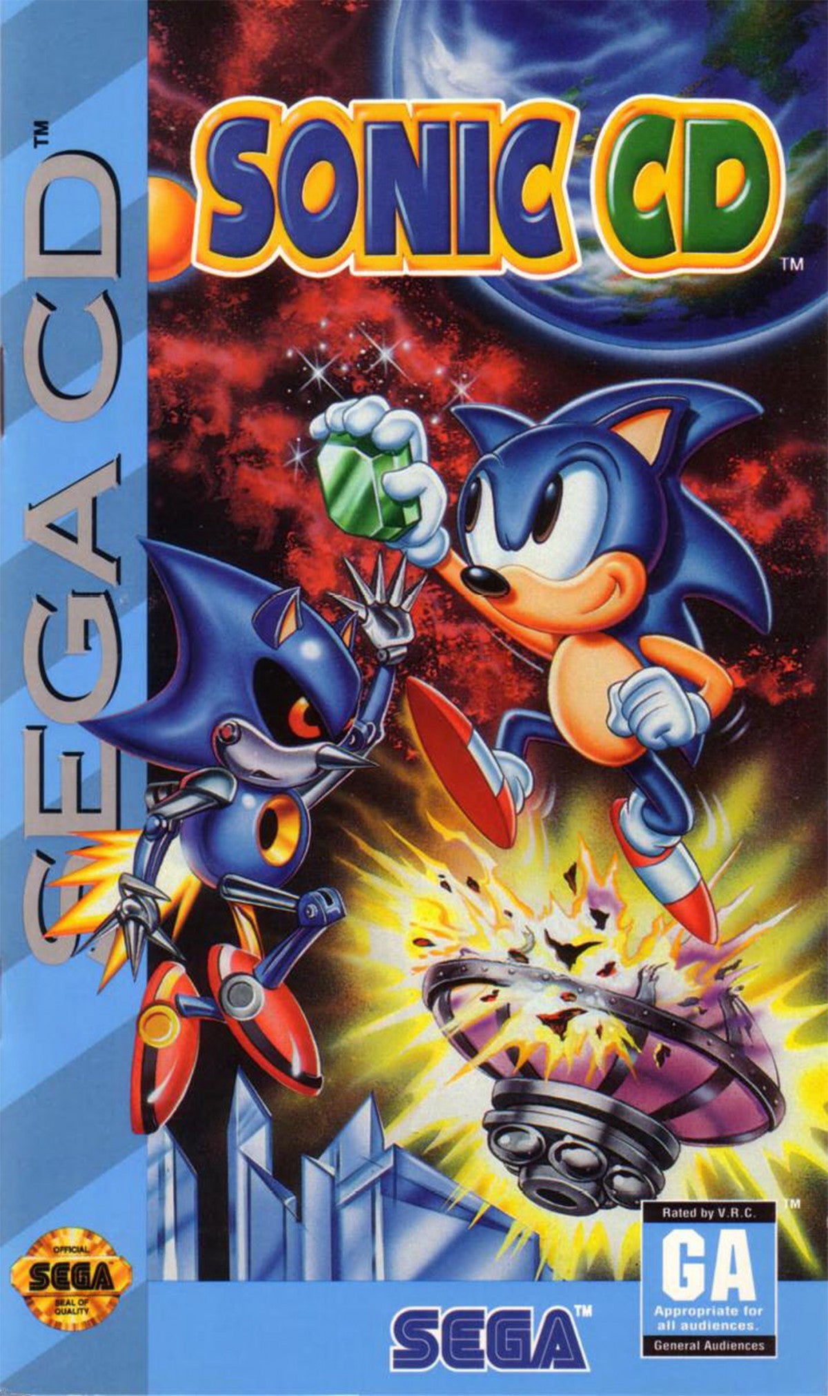 Sonic CD Sega CD for retro video game enthusiasts featuring classic side scrolling platforming gameplay high speed action time travel mechanics vibrant pixel art iconic Sonic the Hedgehog adventure challenging level design and collectible gaming appeal cover art