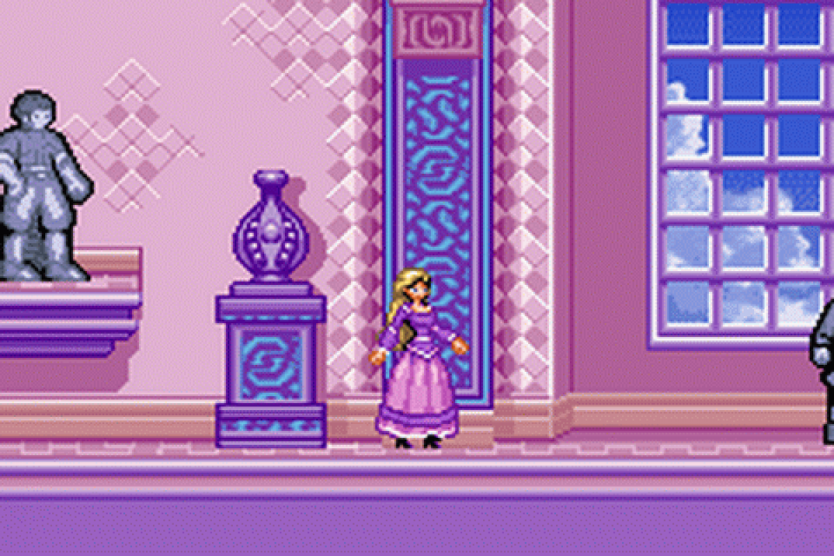 Barbie and the Magic of Pegasus for Game Boy Advance (GBA), gameplay for a retro video game featuring fantasy adventure gameplay, horse riding challenges, puzzle-solving, magical environments, and movie-inspired action