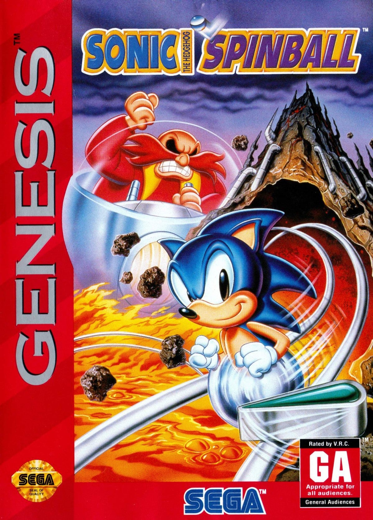 Sonic Spinball Sega Genesis arcade-style pinball game featuring Sonic the Hedgehog in fast-paced action levels front cover
