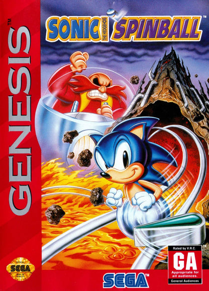 Sonic Spinball Sega Genesis arcade-style pinball game featuring Sonic the Hedgehog in fast-paced action levels front cover