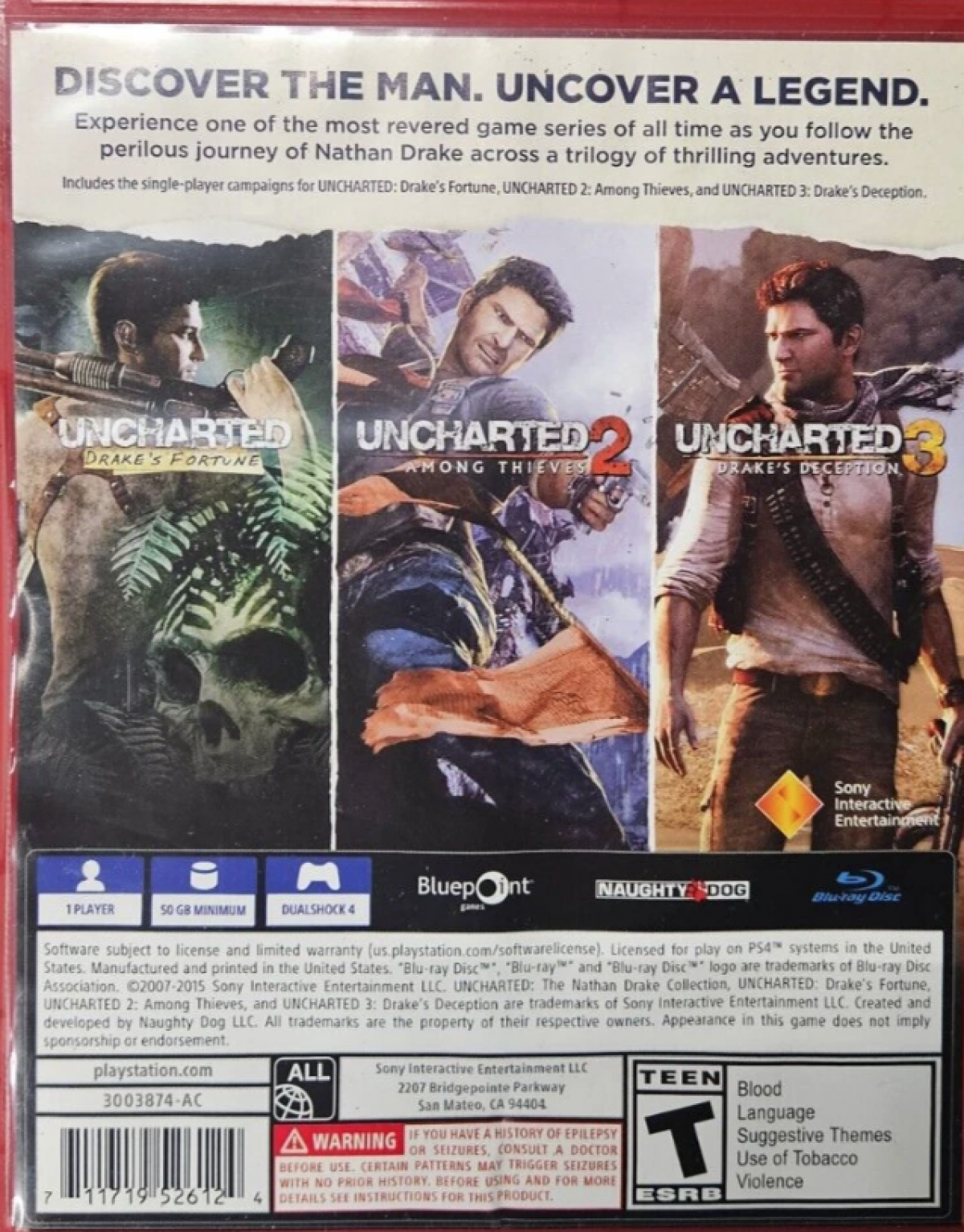 Uncharted: The Nathan Drake Collection [PlayStation Hits] – PlayStation 4 (PS4) video game back of case, action-adventure collection game.