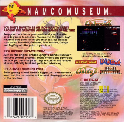 Namco Museum Game Boy Advance GBA compilation arcade classic video games collection including Pac-Man Ms Pac-Man Galaga Galaxian Dig Dug Pole Position and Rolling Thunder Namco Bandai anthology portable retro gaming back cover