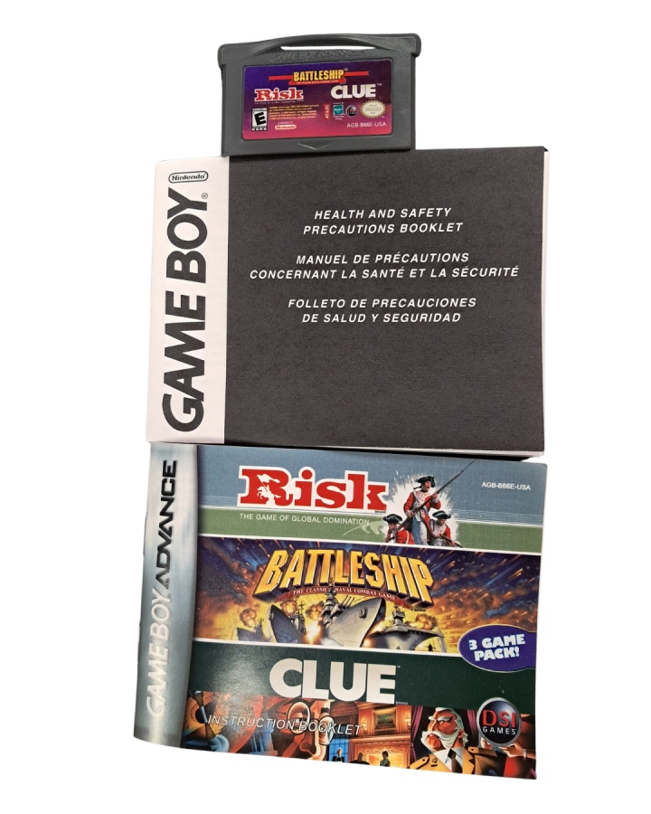 Risk Battleship Clue for Game Boy Advance strategy board game collection featuring digital versions of Risk Battleship and Clue with turn based gameplay and multiplayer modes inserts