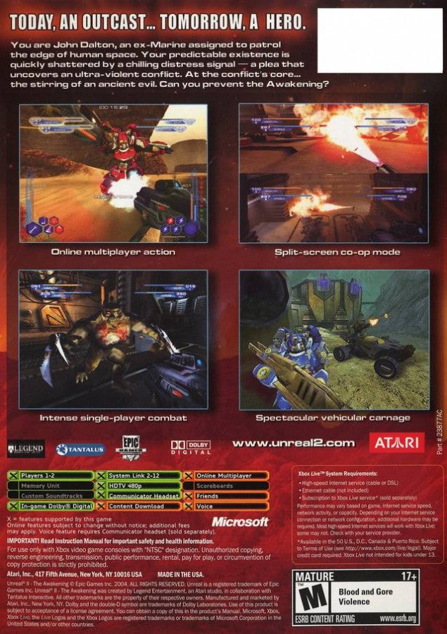 Unreal II: The Awakening back cover art for Xbox (XBOX) video game