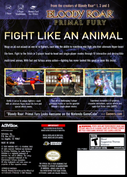 Bloody Roar: Primal Fury back of case for GameCube (GC) fighting video game