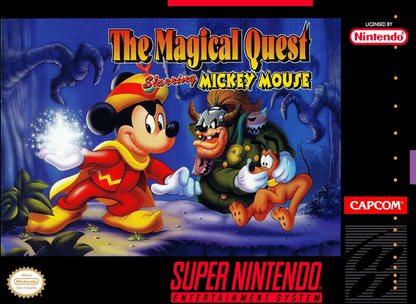 Retro Magical Quest Starring Mickey Mouse SNES inspired design featuring classic Disney platform adventure aesthetic colorful side scrolling gameplay whimsical fantasy worlds charming cartoon visuals Capcom action platformer nostalgic Super Nintendo presentation cover art 
