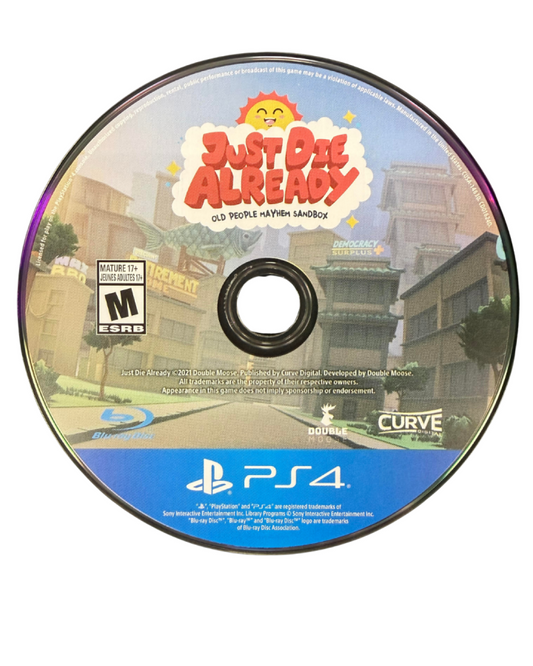 Just Die Already for PlayStation 4 sandbox action game featuring chaotic physics based gameplay elderly characters dark humor open world challenges and destructive antics disc