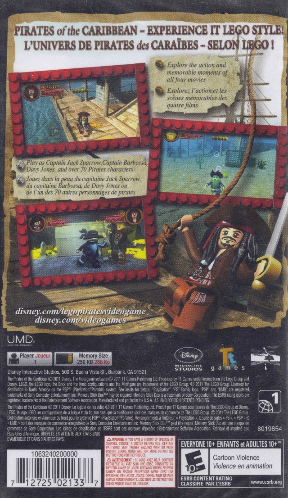 LEGO Pirates of the Caribbean The Video Game PlayStation Portable PSP inspired design featuring family friendly action adventure aesthetic LEGO styled pirate characters Caribbean exploration humorous storytelling puzzle solving cooperative inspired gameplay and swashbuckling movie based excitement presentation back cover 