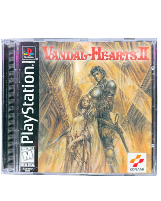 Vandal Hearts II PlayStation PS1 for tactical role playing video game fans featuring turn based strategy combat fantasy battles character progression weapon upgrades challenging missions deep political storyline medieval environments classic Konami JRPG gameplay collectible gaming appeal front cover