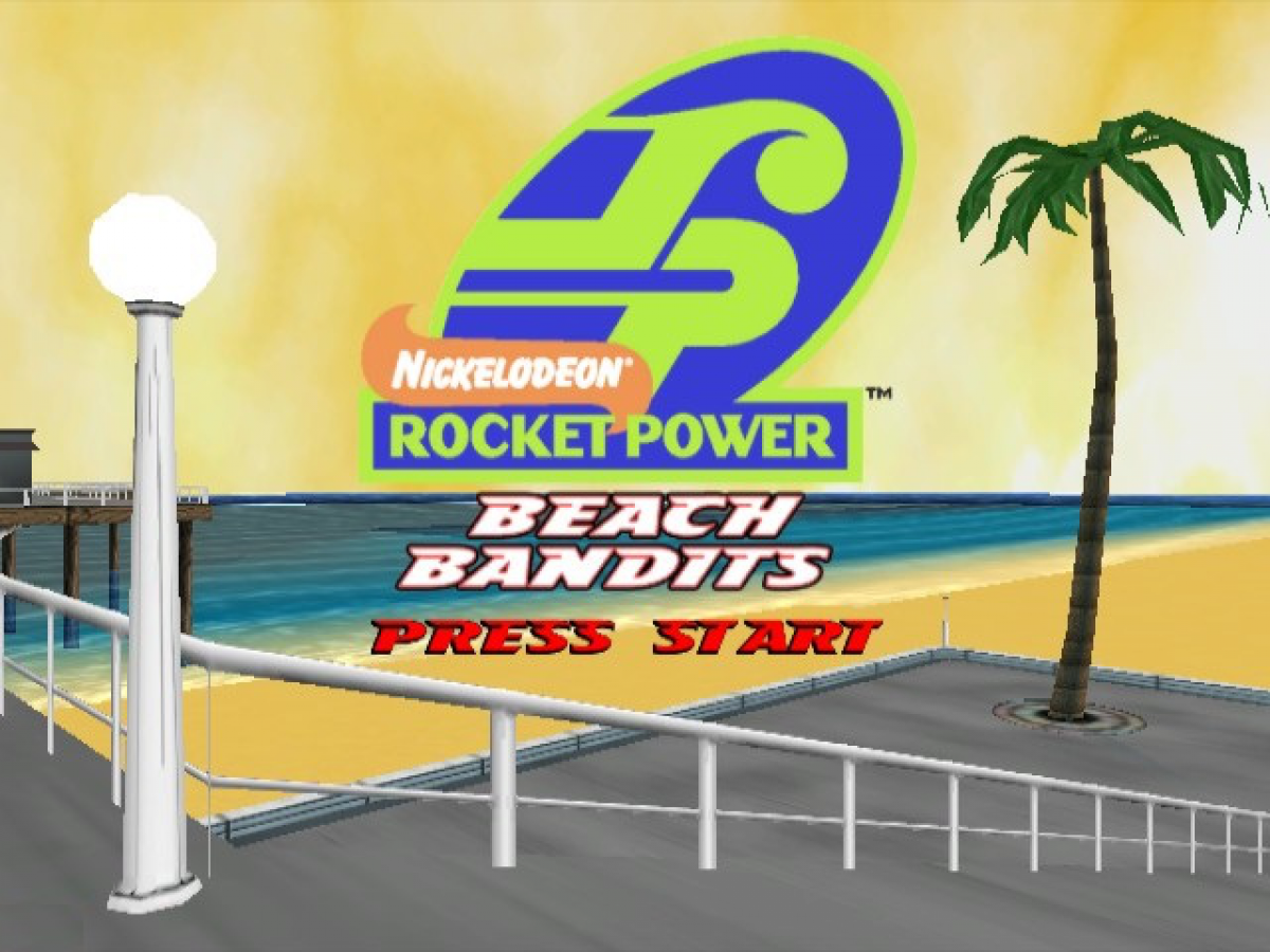 Retro Rocket Power Beach Bandits GameCube inspired design featuring animated extreme sports adventure aesthetic Nintendo GameCube coastal skate culture surfing skating biking beachside missions cartoon style characters nostalgic Nickelodeon gameplay presentation - title screen