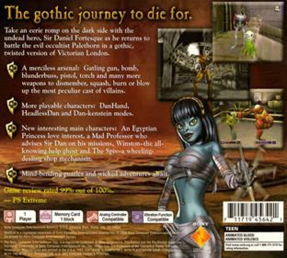 MediEvil 2 PlayStation PS1 for action adventure video game fans featuring Sir Daniel Fortesque gothic environments hack and slash combat puzzle solving undead enemies weapons exploration humorous storytelling challenging bosses and classic retro PlayStation gaming collectible appeal back