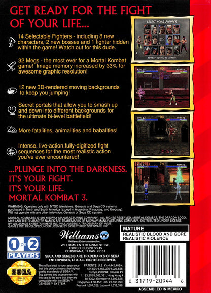 Mortal Kombat 3 CIB Sega Genesis GEN video game featuring 2D fighting gameplay iconic Mortal Kombat fighters martial arts combat special moves combos fatalities finishing moves brutal tournament battles secret characters and classic 16 bit Sega arcade fighting action complete in box CIB edition retro video game collection collectible gaming appeal back cover art